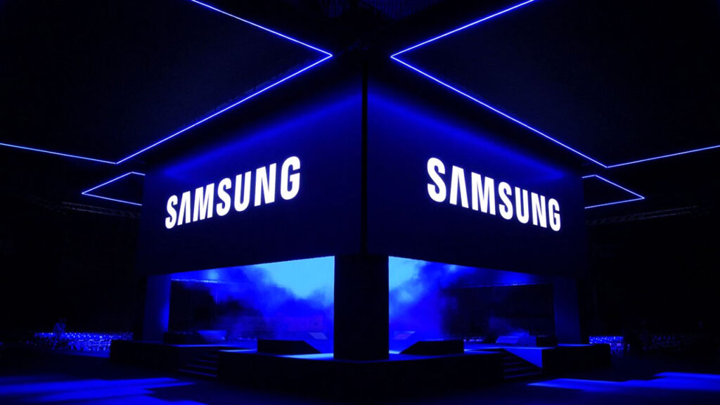  A dark blue background with a bright blue Samsung logo on each side, demonstrating the Samsung Dual User Feature.