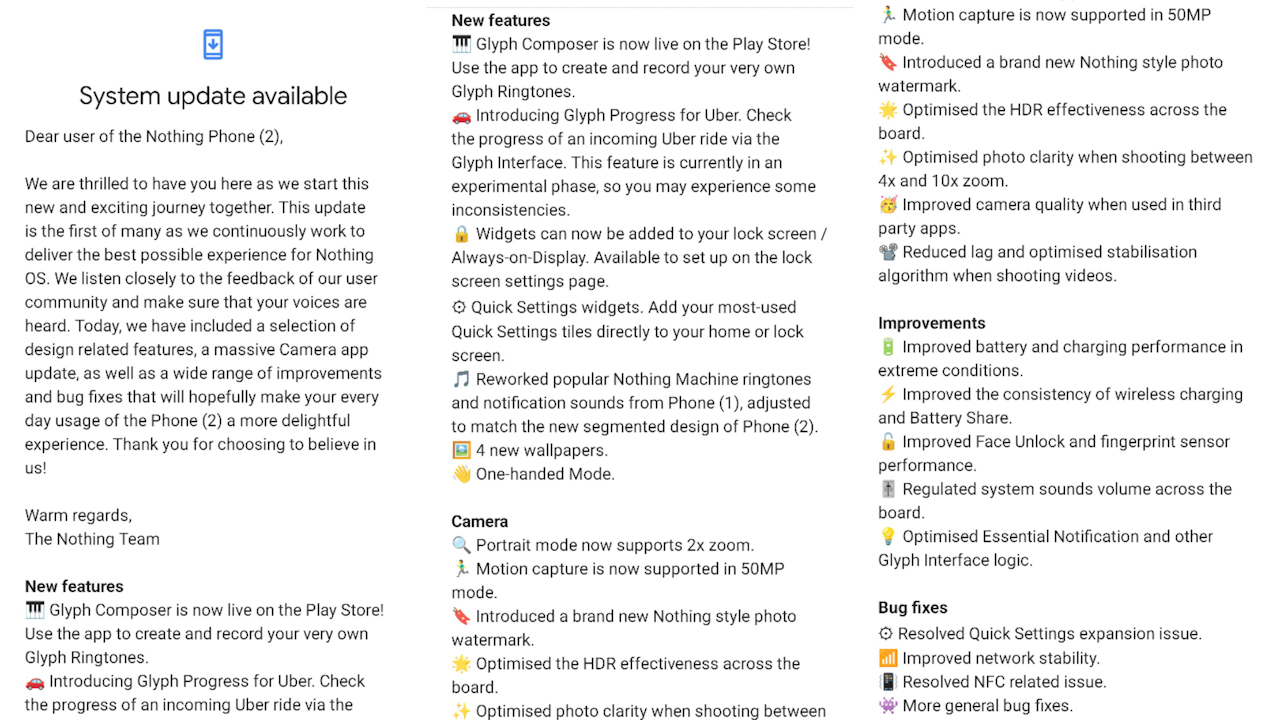 Nothing Phone 2 update notes