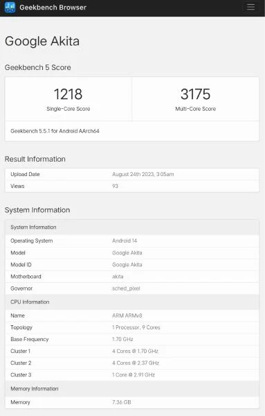 Google Pixel 8a Geekbench score