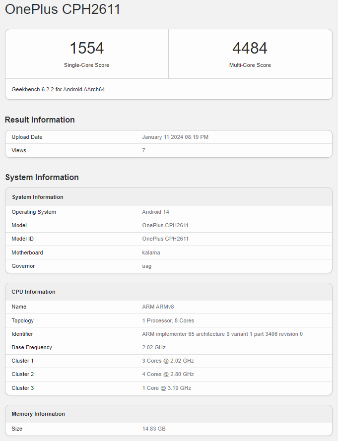 OnePlus 12R in Geekbench database