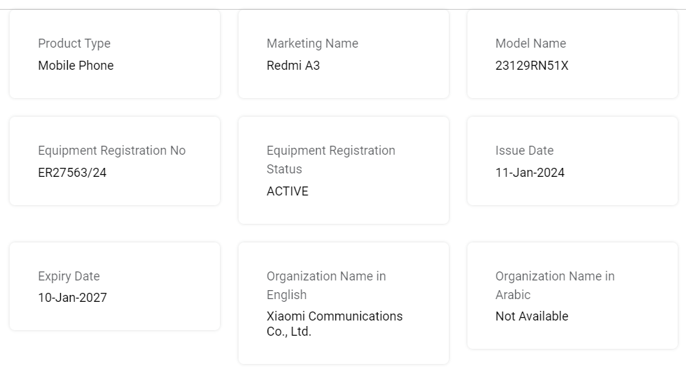 Redmi A3 appeared in TDRA database