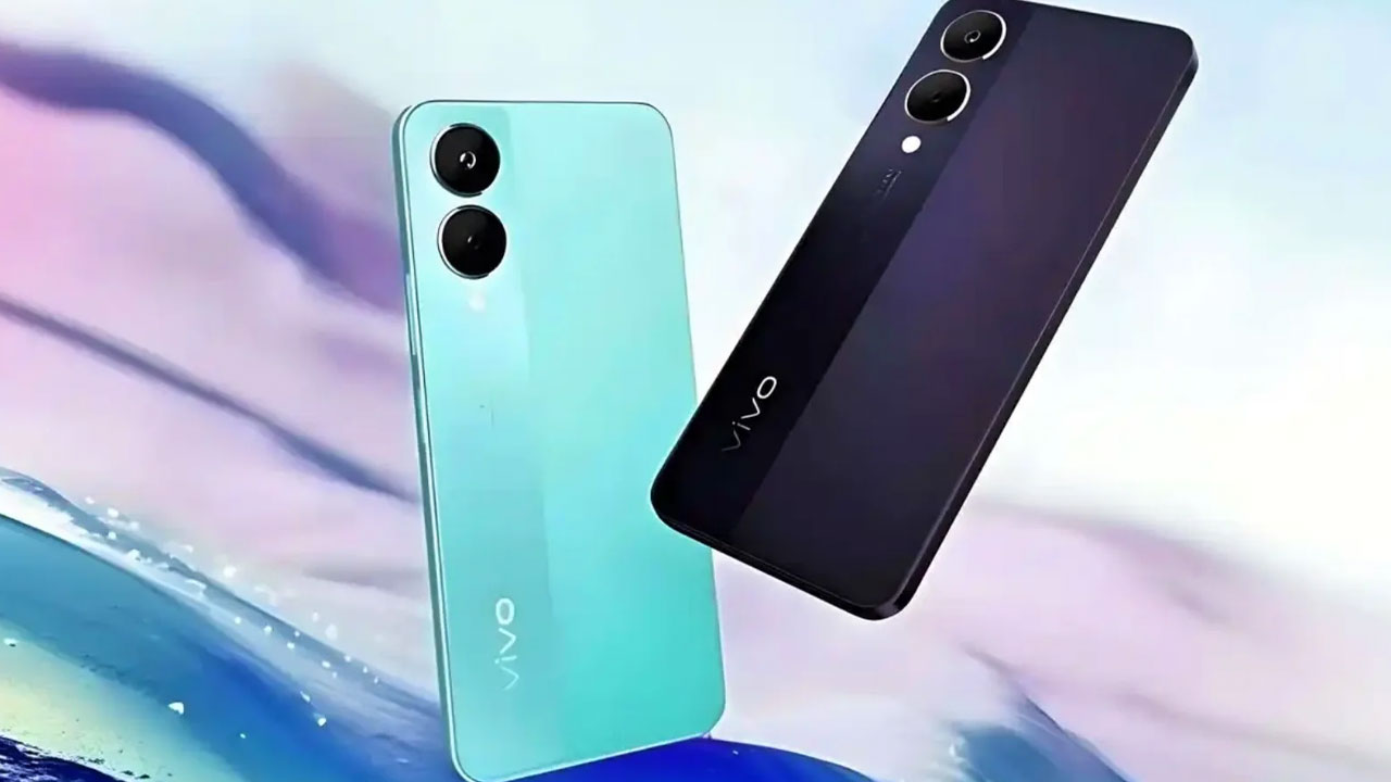  Two Vivo Y28 smartphones in blue and black colors are shown. 'Vivo' is written vertically on the back of the smartphones.