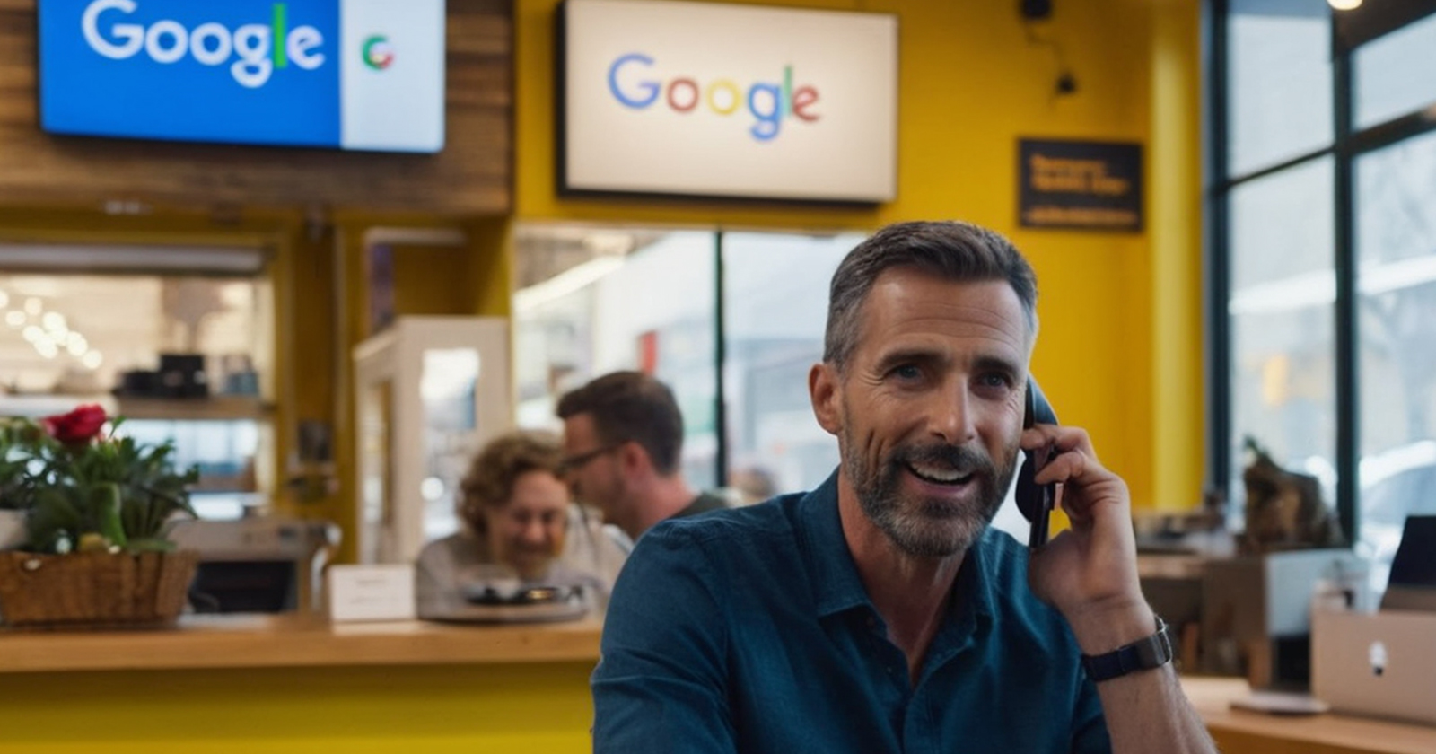 a man talking to phone in google shop