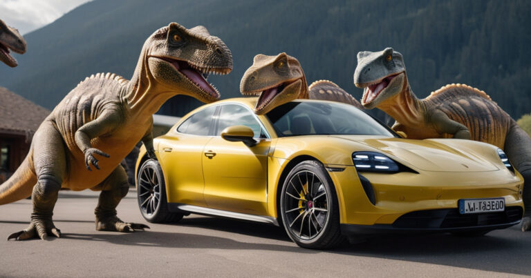 porsche taycan yellow dinosaur