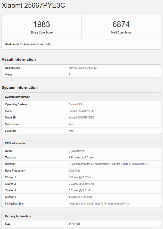 Xiaomi Civi 5 Pro Geekbench Scores Revealed