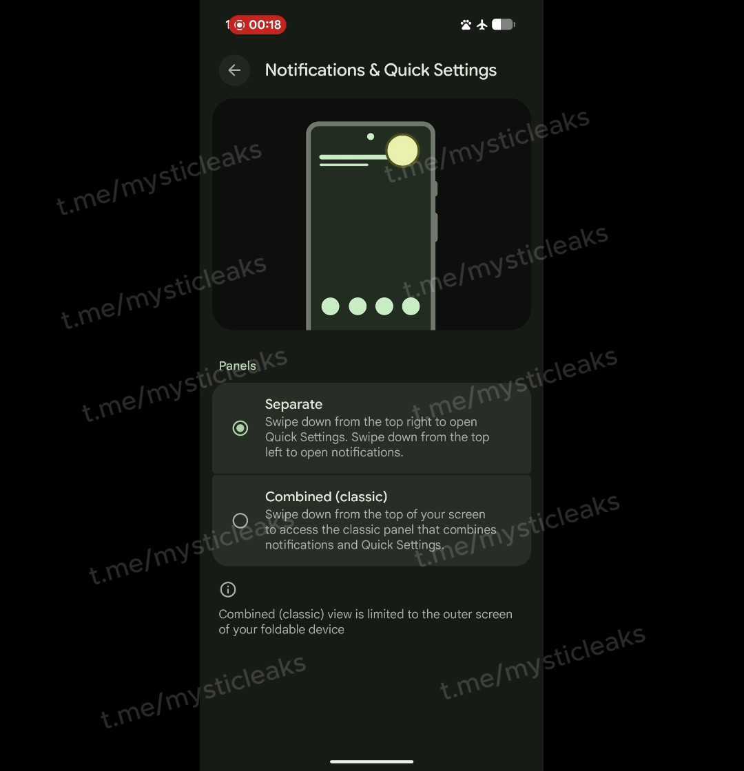 Android 17 settings menu showing split and combined panel options