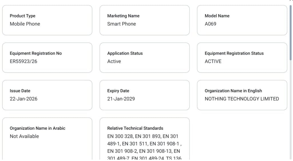 Nothing Phone (4a) TDRA Certificate