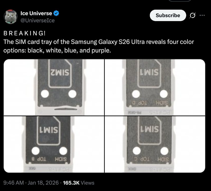 Leaked SIM tray colors for Galaxy S26 Ultra