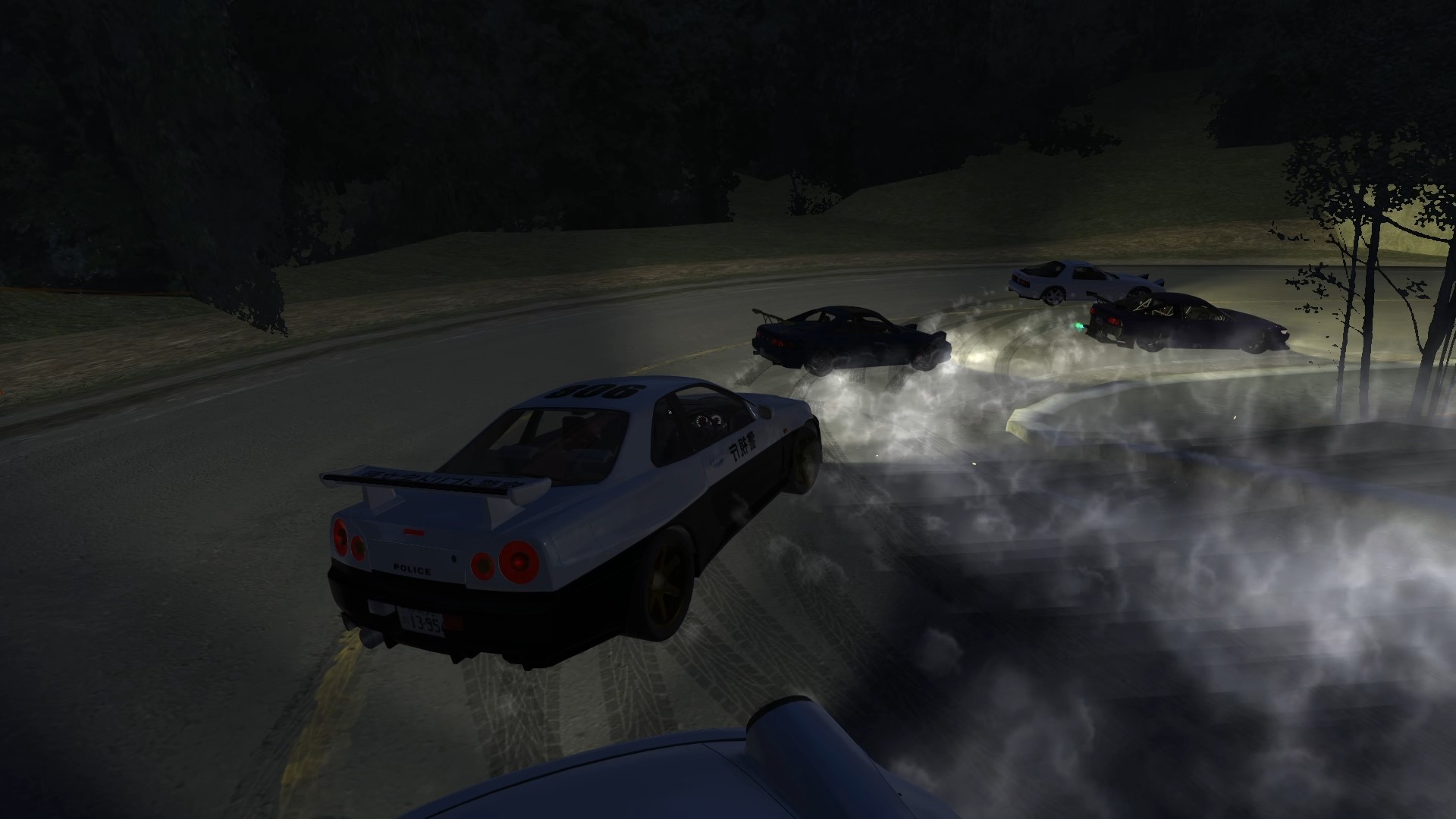 Initial Drift Online gameplay screenshot showing a car drifting on a mountain road.