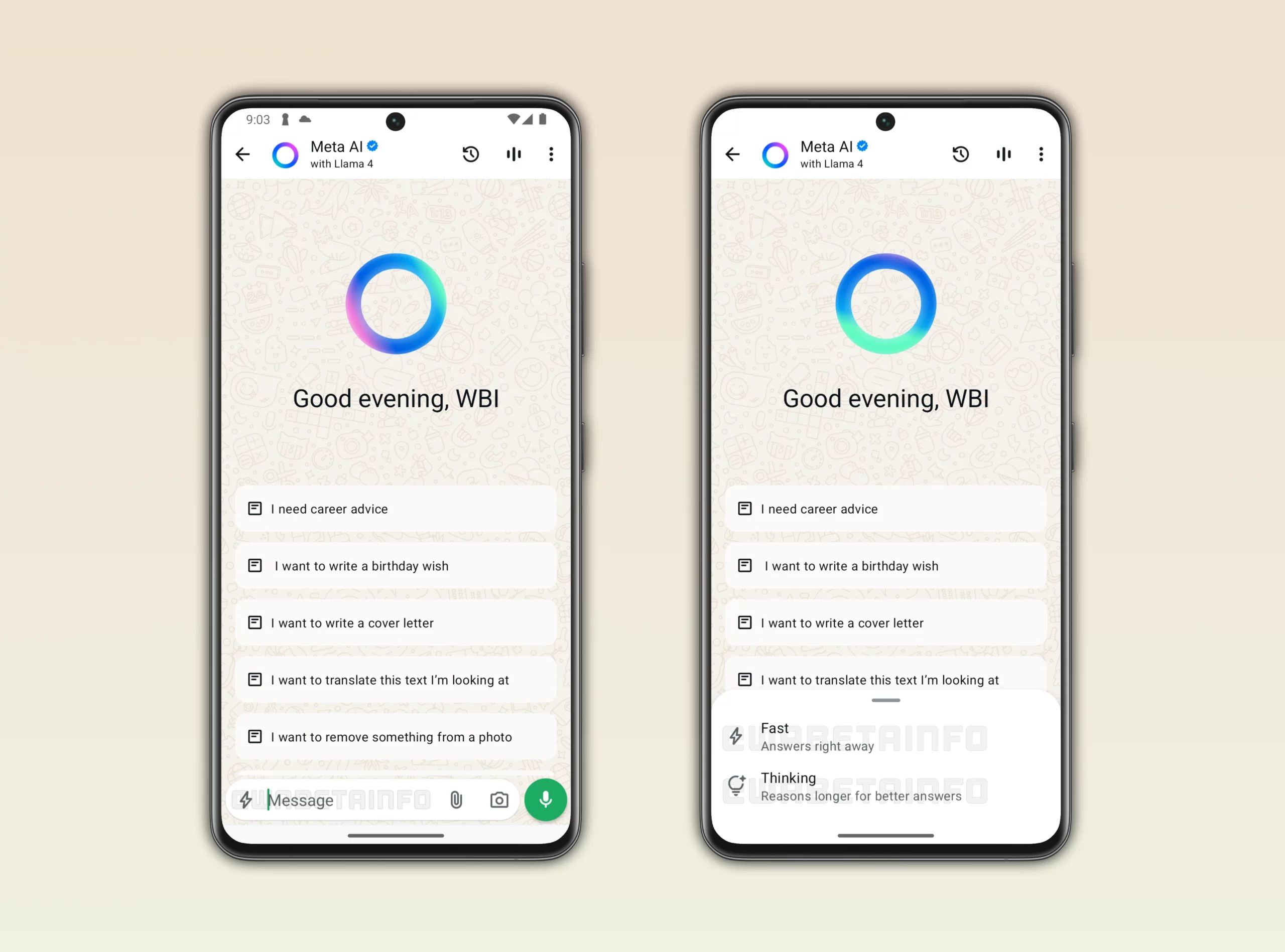 A screenshot showing how to enable Thinking Mode for Meta AI in the WhatsApp beta for Android