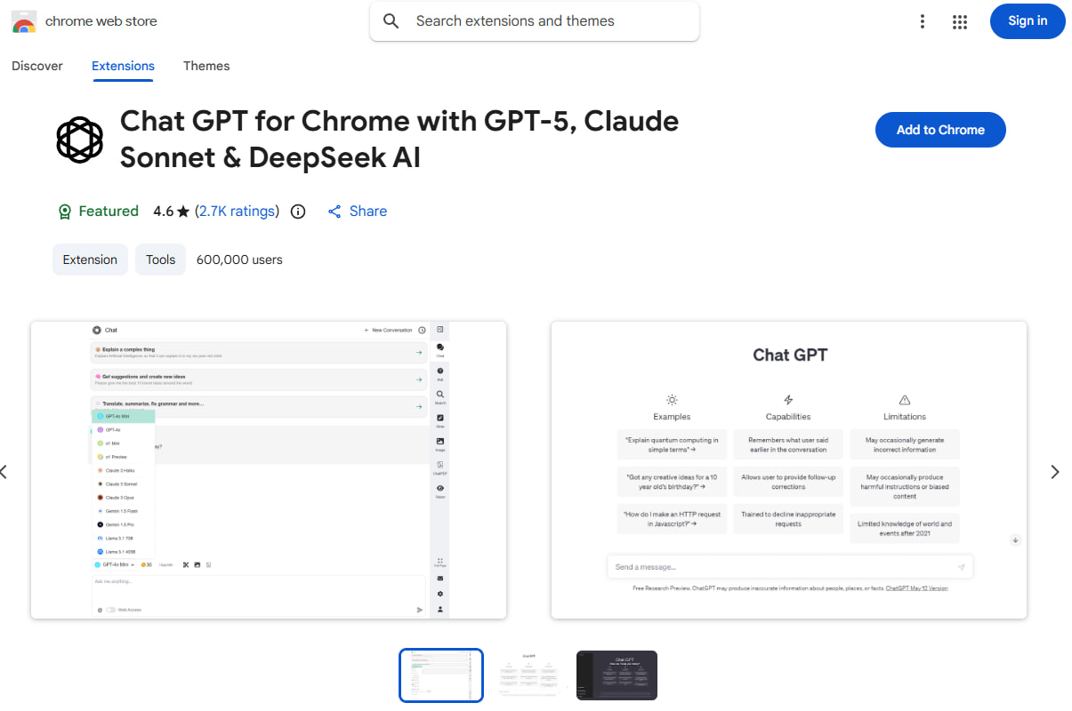 Malicious AI Chrome extensions displayed on the Chrome Web Store interface.