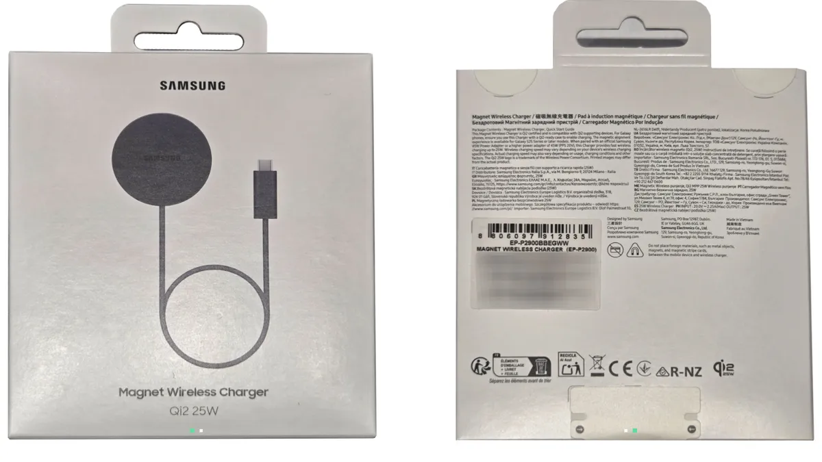 Leaked charger box for Galaxy S26 suggesting Qi2 compatibility