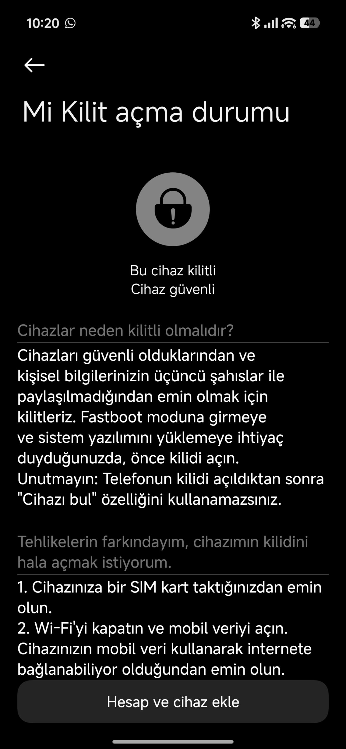 Mi Unlock Status screen showing account added successfully