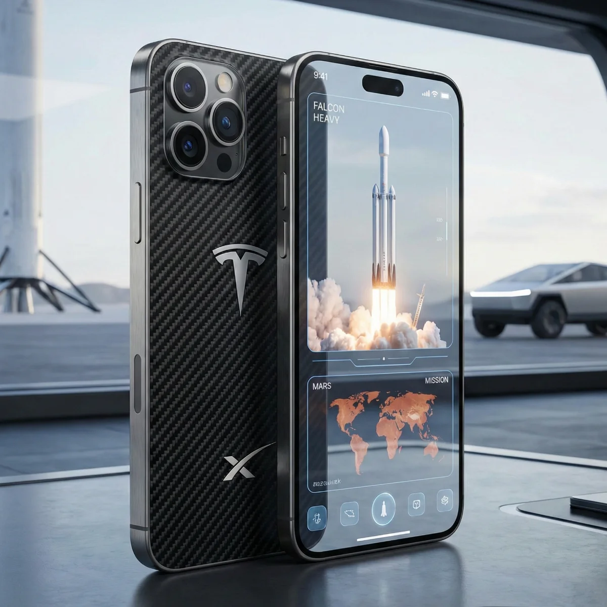 A concept image of a futuristic smartphone with satellite connectivity.