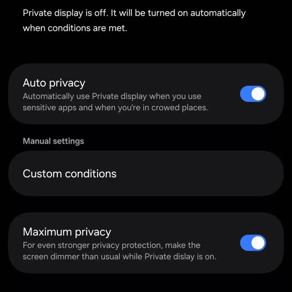 Leaked settings menu for Galaxy S26 Ultra privacy screen feature
