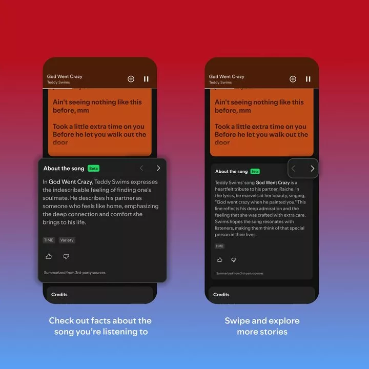 A smartphone displaying Spotify's new 'About the Song' feature with information cards.