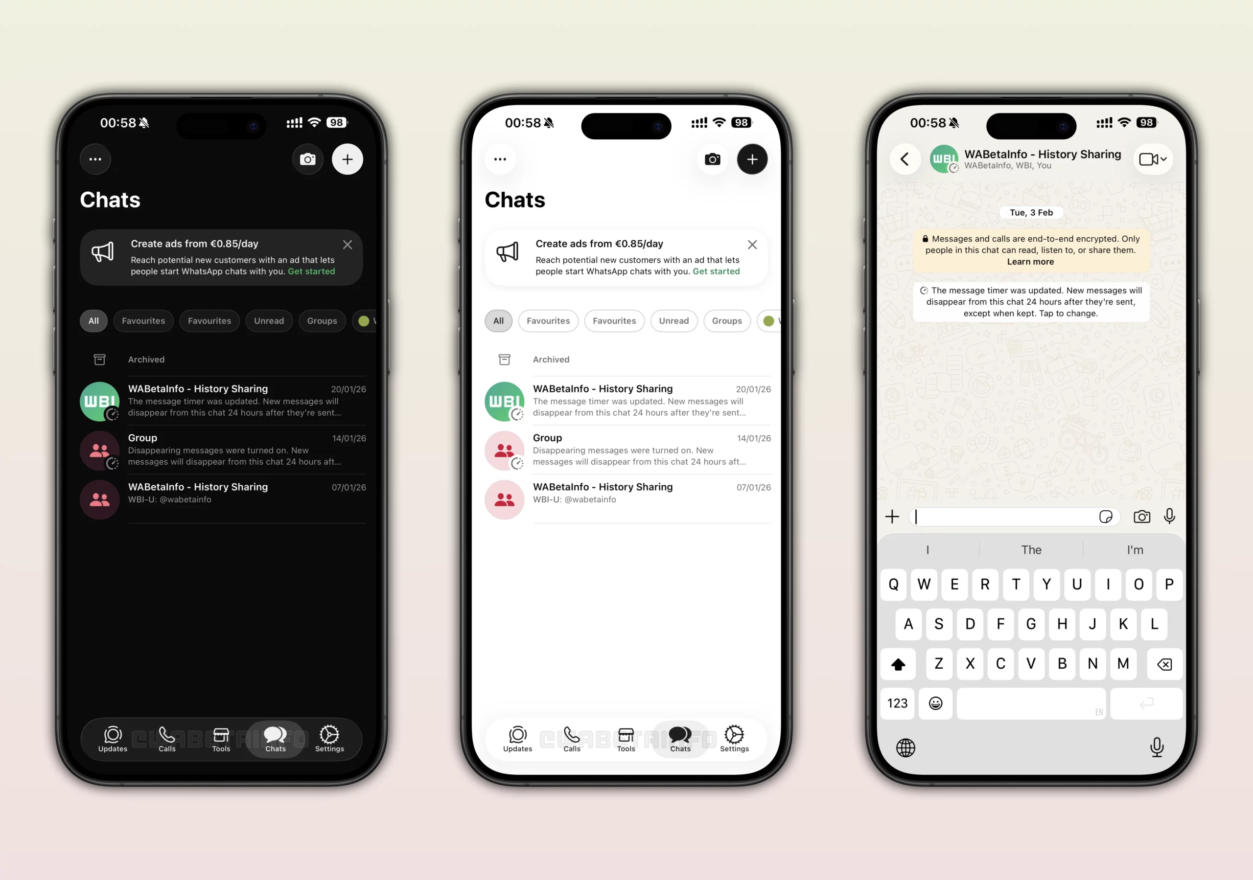 Screenshot showing the new Liquid Glass interface for WhatsApp Business on iOS