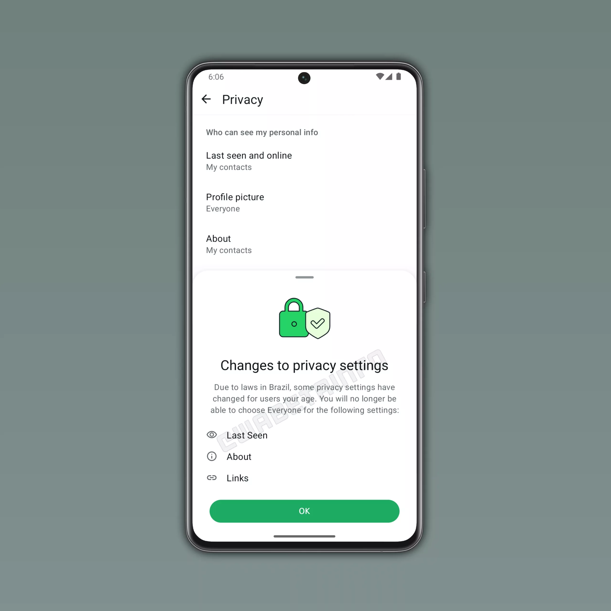 WhatsApp notification showing updated privacy settings