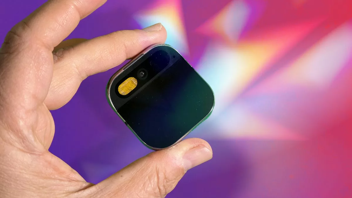 Close-up of next-generation AirPods with a subtle camera lens, representing new features.