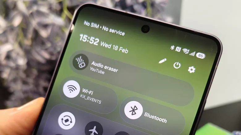 The quick settings panel on a Samsung device showing the Audio Eraser toggle.
