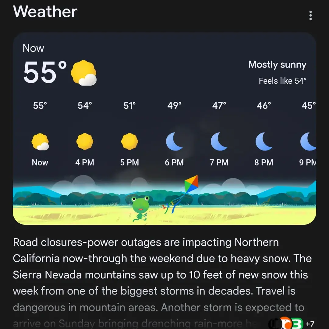 The new Google Weather interface shown within Google Search results on an Android phone.