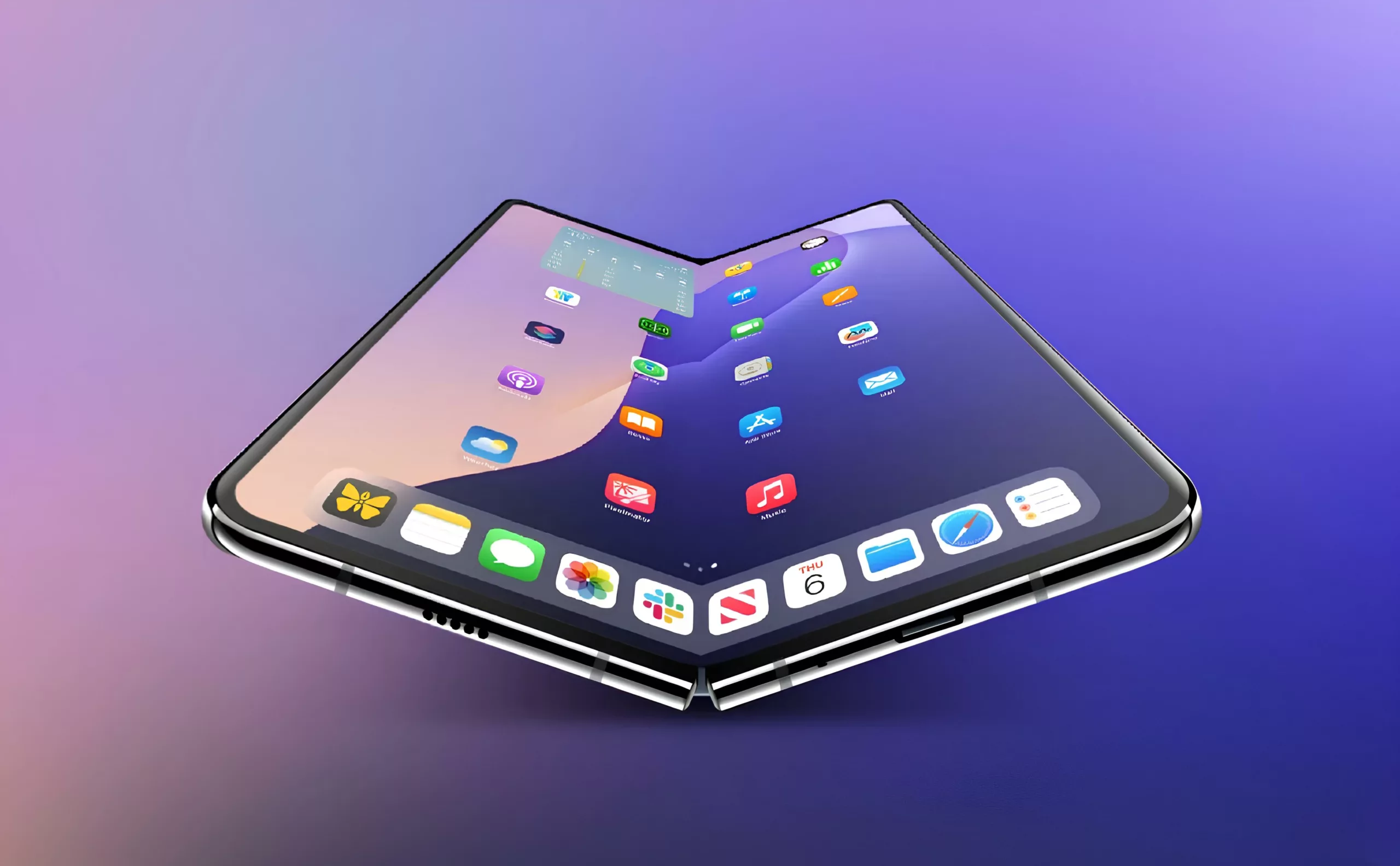Artistic rendering of a foldable iPhone's internal components, highlighting the A20 chip and battery technology.