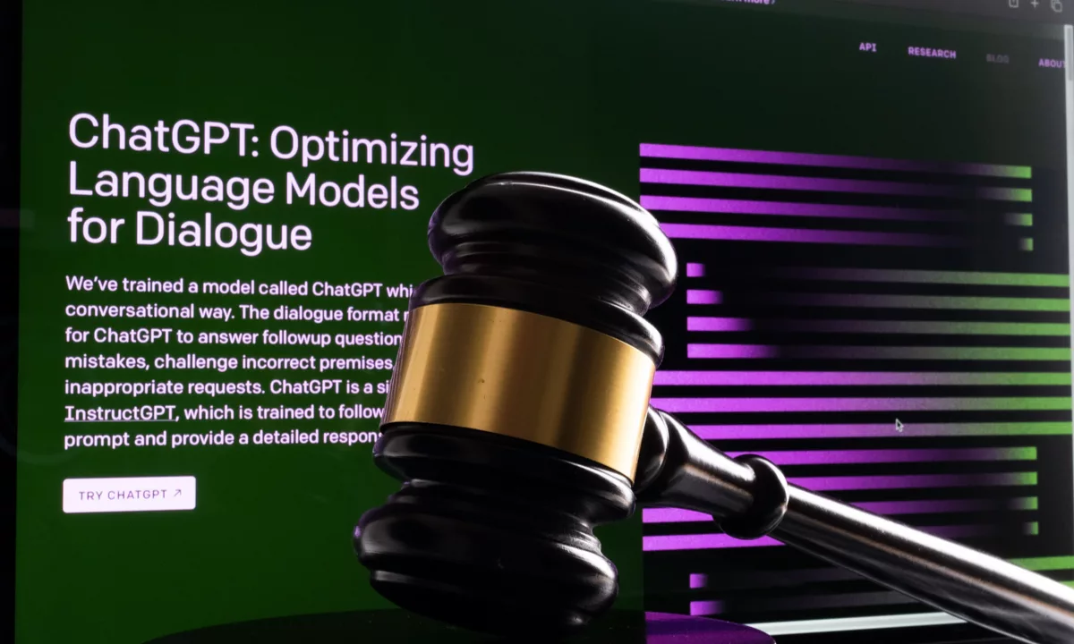 A courtroom gavel with a circuit board pattern, symbolizing the intersection of law and AI.