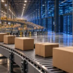 Amazon Q3 earnings concept image of a warehouse conveyor with parcels leading into cloud data center server racks