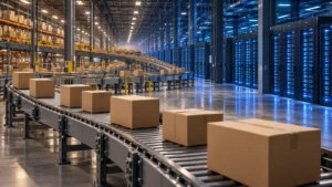 Amazon Q3 earnings concept image of a warehouse conveyor with parcels leading into cloud data center server racks