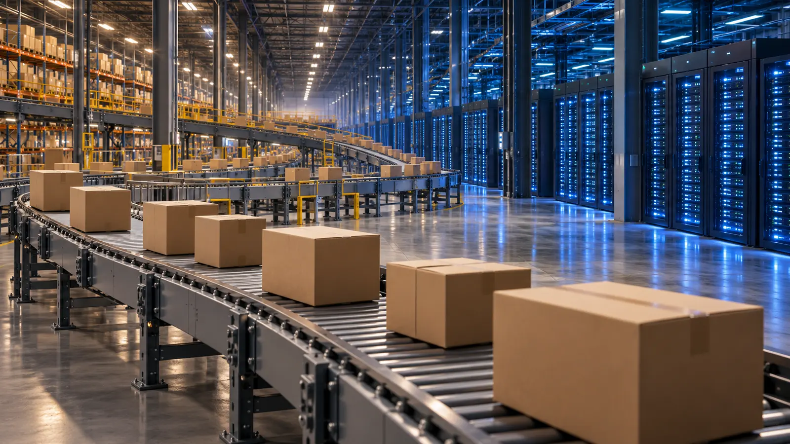 Amazon Q3 earnings concept image of a warehouse conveyor with parcels leading into cloud data center server racks