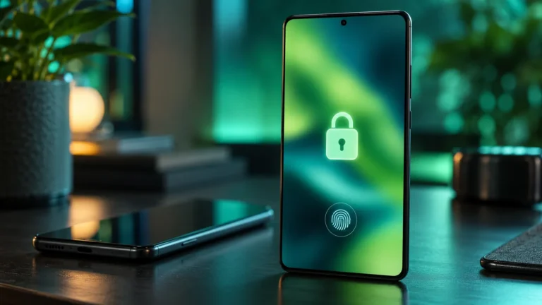 Android 17 QPR3 Beta 3 concept: smartphone with blurred lock screen, padlock icon and fingerprint circle for app lock