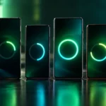 Row of smartphones on a reflective table, each screen showing an update progress ring at a different stage, illustrating the Android 17 release date by brand