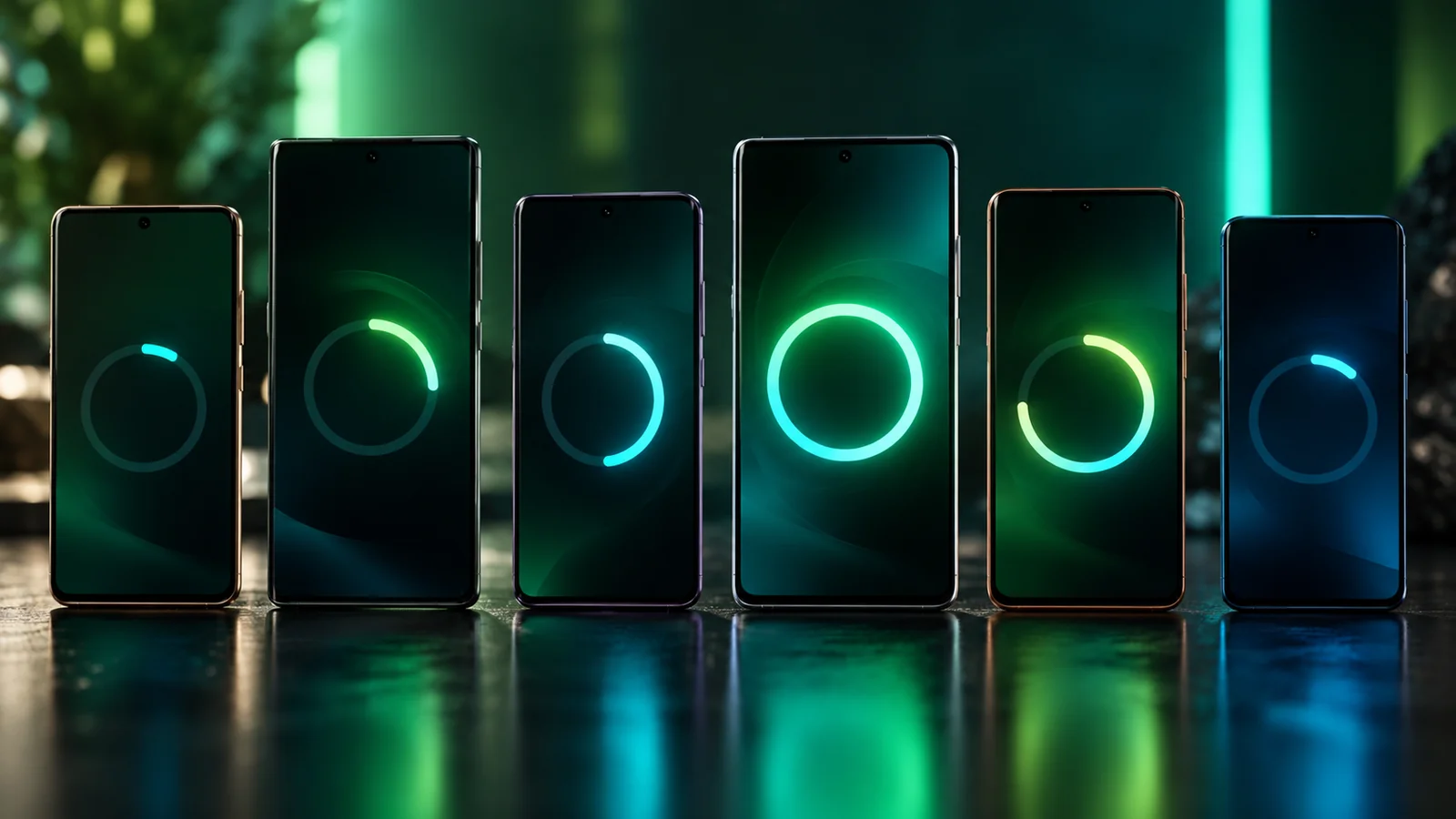 Row of smartphones on a reflective table, each screen showing an update progress ring at a different stage, illustrating the Android 17 release date by brand