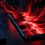 SMS of Death concept: a smartphone on a dark desk with a red glitching screen as streams of red data flow into it