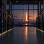 AI data center with rows of GPU server racks and a rocket launch seen through a window, illustrating the Anthropic SpaceX compute deal