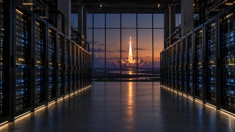 AI data center with rows of GPU server racks and a rocket launch seen through a window, illustrating the Anthropic SpaceX compute deal