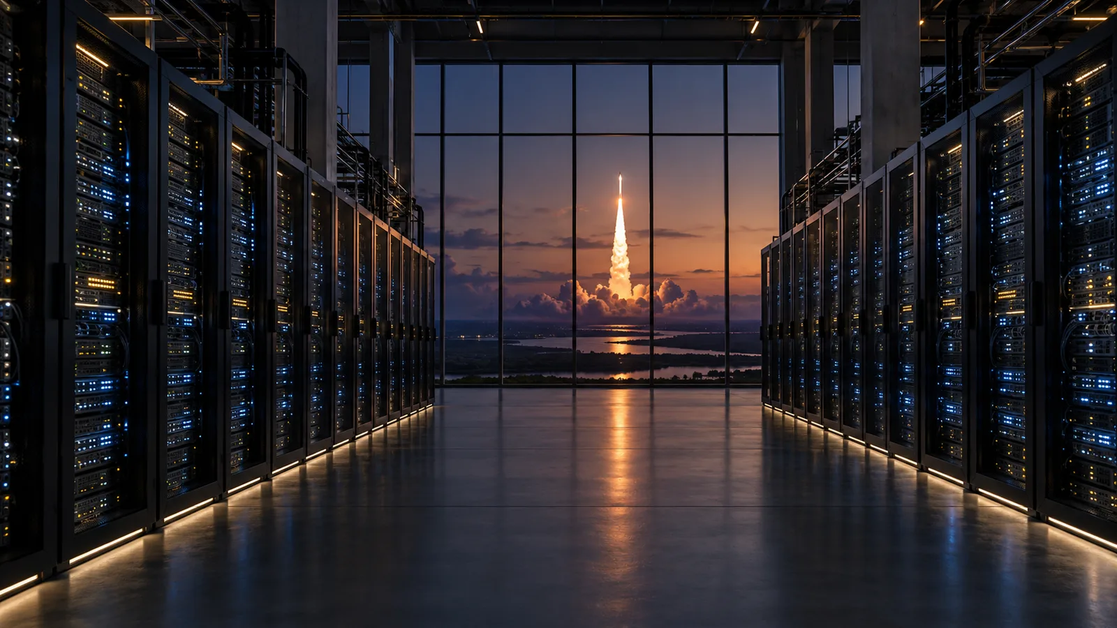AI data center with rows of GPU server racks and a rocket launch seen through a window, illustrating the Anthropic SpaceX compute deal