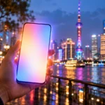 Hand holding a smartphone with a glowing AI light aura in front of the Shanghai skyline at night, illustrating the Apple Intelligence China launch