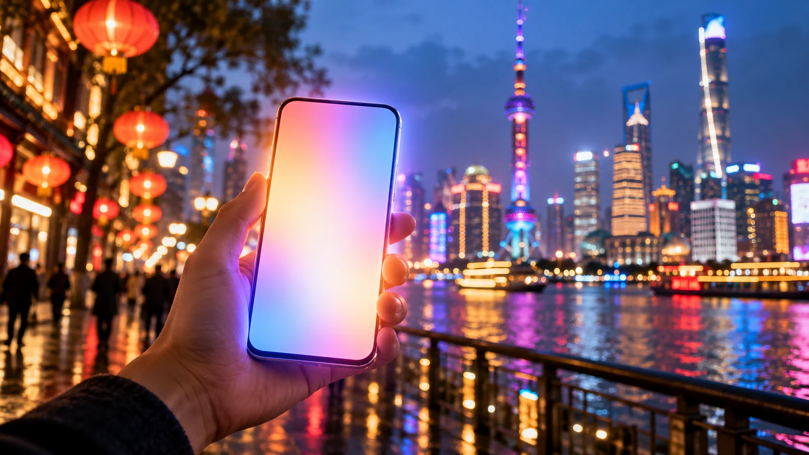Hand holding a smartphone with a glowing AI light aura in front of the Shanghai skyline at night, illustrating the Apple Intelligence China launch