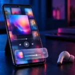 Smartphone showing a music app with a translucent floating glass player bar, illustrating the Apple Music Liquid Glass redesign on Android