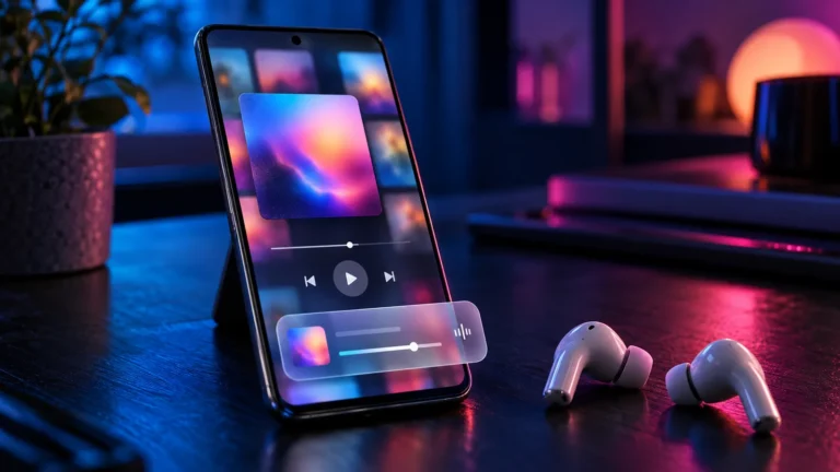 Smartphone showing a music app with a translucent floating glass player bar, illustrating the Apple Music Liquid Glass redesign on Android