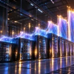Data center server racks with streams of blue and violet light rising like a bar chart, illustrating the Baseten valuation jump