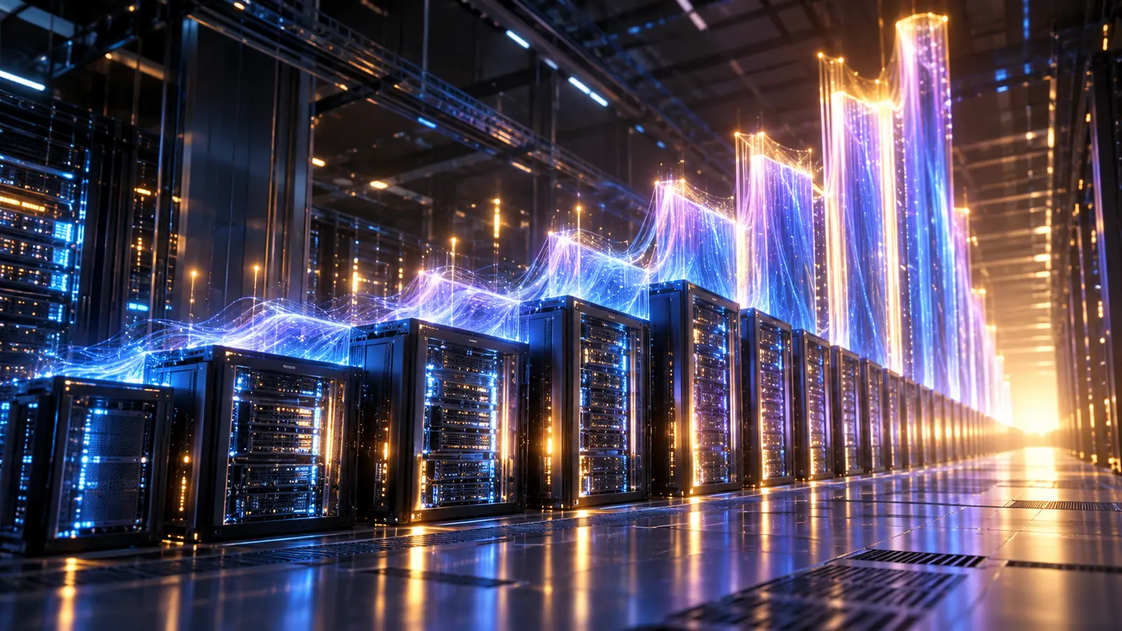 Data center server racks with streams of blue and violet light rising like a bar chart, illustrating the Baseten valuation jump
