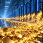 Gold coins streaming into rows of glowing server racks in an AI data center, illustrating Big Tech AI spending