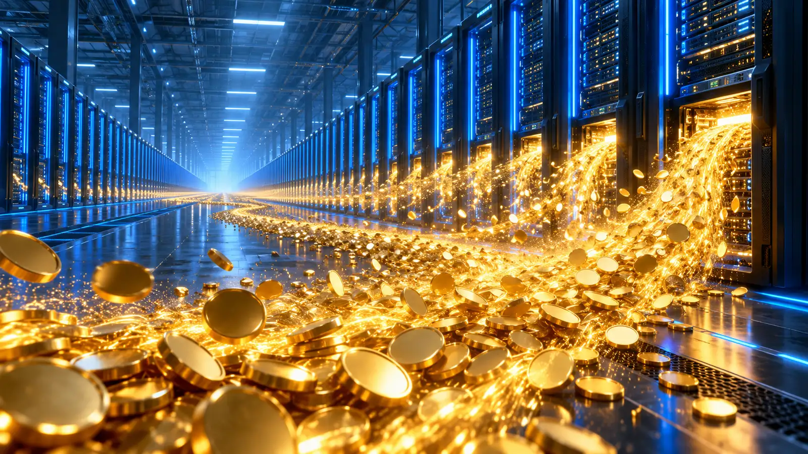 Gold coins streaming into rows of glowing server racks in an AI data center, illustrating Big Tech AI spending