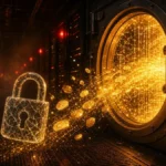 Binance hacked concept: crypto coins and data streaming out of an open digital vault with a cracked padlock in a server room