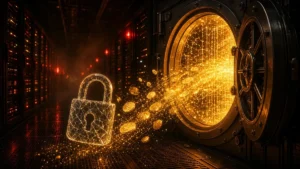 Binance hacked concept: crypto coins and data streaming out of an open digital vault with a cracked padlock in a server room
