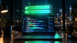 Laptop with code on screen and glowing doubled capacity bars, illustrating doubled ChatGPT Pro usage limits