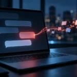 Laptop showing chat bubbles with a red thread of light pulling data out, illustrating the ChatGPT shared link flaw