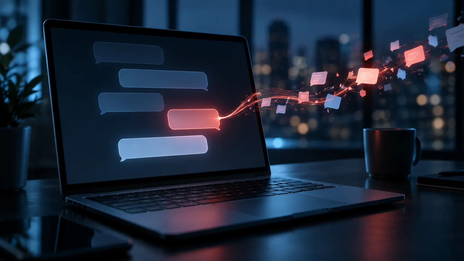 Laptop showing chat bubbles with a red thread of light pulling data out, illustrating the ChatGPT shared link flaw